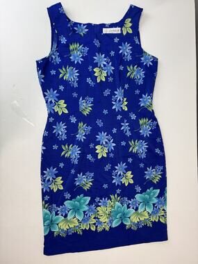 Vintage Y2K Sag Harbor Sleeveless Floral Sheath Dress Cobalt Blue Tropical 12